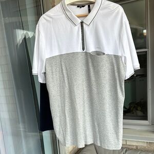DKNY White and Gray Color Block Polo Shirt